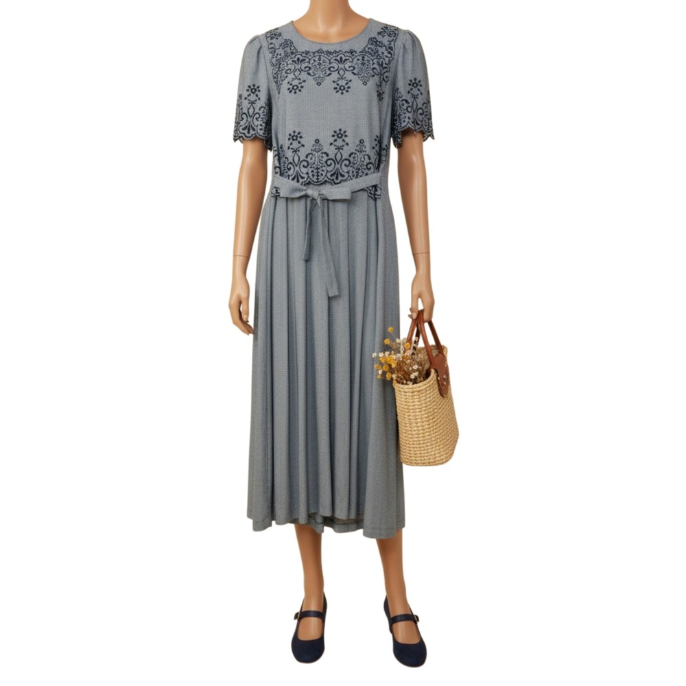 Vintage 80s Peri Petites Houndstooth Dress 8 Navy Embroidered Midi Cottagecore